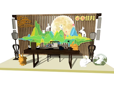 Mid Autumn Themed Photo Check-in Spot With Moon Rabbit Mountains Lanterns And Chinese Screen 3d model