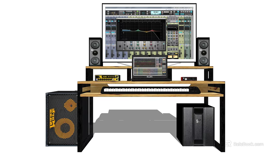 Professional Audio Workstation Desk With Large Monitor Speakers Music Keyboard Subwoofer And PC Tower 3d model 