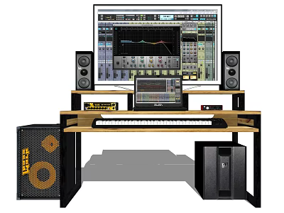Professional Audio Workstation Desk With Large Monitor Speakers Music Keyboard Subwoofer And PC Tower 3d model