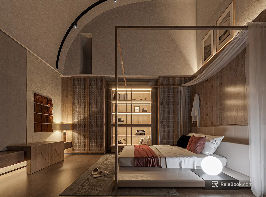 Hotel Room Interior Design With Modern Wooden Bed Arched Ceiling Soft Lighting And Area Rug 3d model 