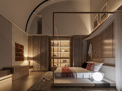 Hotel Room Interior Design With Modern Wooden Bed Arched Ceiling Soft Lighting And Area Rug 3d model