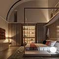 Hotel Room Interior Design With Modern Wooden Bed Arched Ceiling Soft Lighting And Area Rug