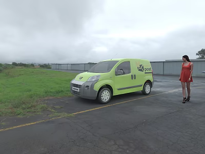 Green Zupoo Small Van Parked With Woman In Red Dress Open Field 3d model