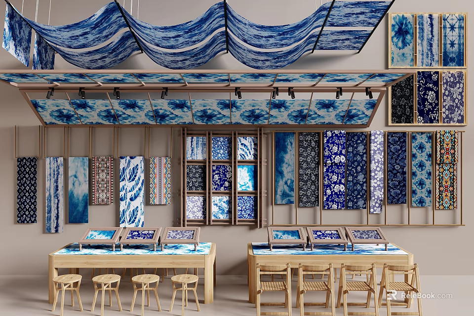 Blue and White Patterned Fabrics Hanging From Ceiling With Tile Samples On Walls And Tables 3d model 