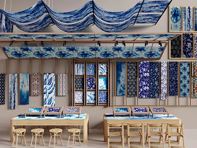 Blue and White Patterned Fabrics Hanging From Ceiling With Tile Samples On Walls And Tables 3d model