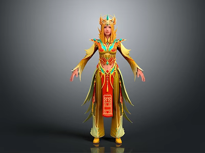 Game and Movie Character with Ornate Gold Red Costume Elaborate Headpiece 3D Designed Traditional Patterns 3d model