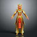 Game and Movie Character with Ornate Gold Red Costume Elaborate Headpiece 3D Designed Traditional Patterns