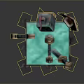 Minecraft Game Character With Sword On Turquoise Block Structure And Tools