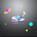 Colorful Spacecraft in Space Scene With Planets Stars and Crescent Moon