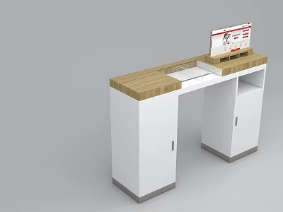 Modern Reception Desk With Wooden Top White Cabinet Drawer And Monitor 3d model