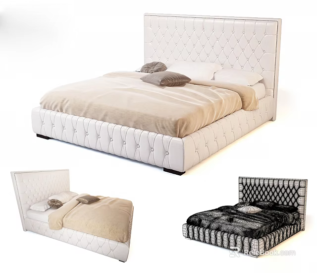 Modern Upholstered Double Bed With Tufted Headboard And Various Color Styles 3d model 