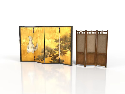 Japanese Folding Screens With Golden Background Crane Pine Design And Wooden Frame Beige Fabric 3d model