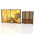 Japanese Folding Screens With Golden Background Crane Pine Design And Wooden Frame Beige Fabric
