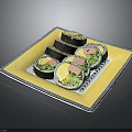 Fresh Sliced Sushi Rolls with Vegetables Pink Fish and Yellow Egg on Yellow Plate