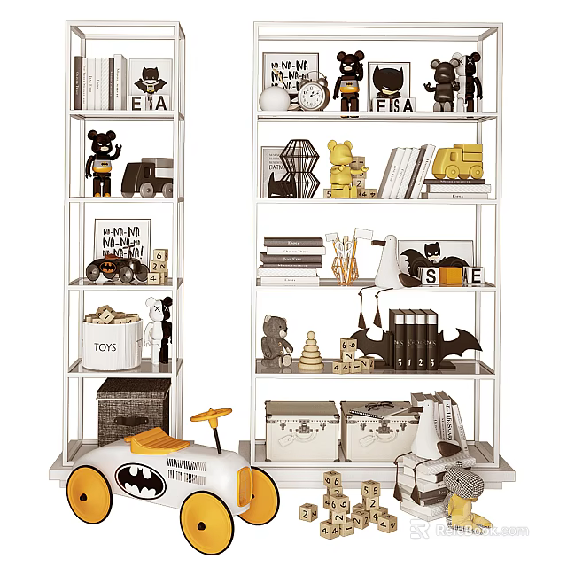 Doll Collection Display On Shelf With Batman Car Toys Books And Children Room 3d model 
