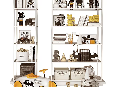 Doll Collection Display On Shelf With Batman Car Toys Books And Children Room 3d model