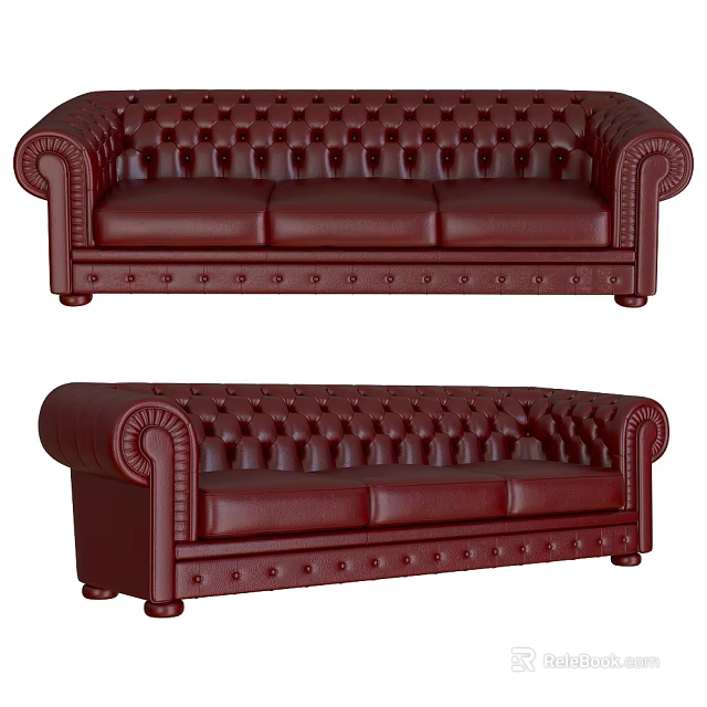 Red Leather Tufted Multi Seater Sofa With Rolled Arms And Classic Design 3d model