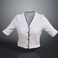 White Textured Knitted Short Sleeve Cardigan With V Neck Black Lace Trim And Buttons