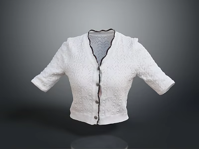 White Textured Knitted Short Sleeve Cardigan With V Neck Black Lace Trim And Buttons 3d model