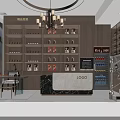 Liquor Store Interior With Chandelier Display Shelves Marble Counter And Logo Signage