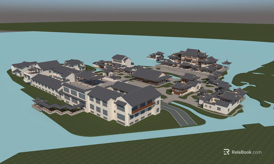 Ancient Architecture Complex With Multiple Buildings Water Surroundings And Scenic Layout 3d model