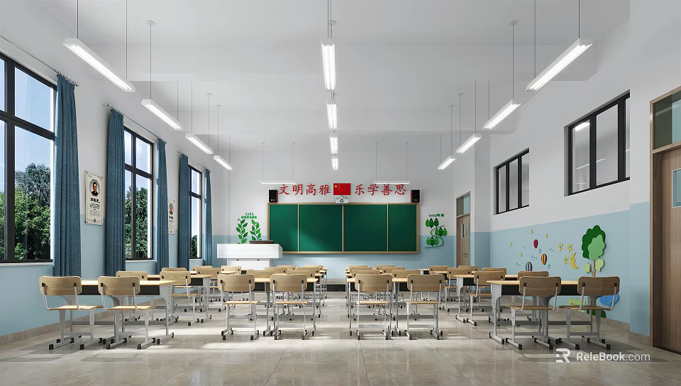 School Classroom Interior With Desks Chairs Blackboard Windows and Wall Decorations 3d model 