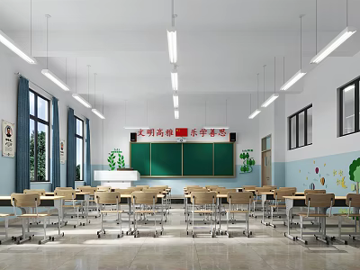 School Classroom Interior With Desks Chairs Blackboard Windows and Wall Decorations 3d model