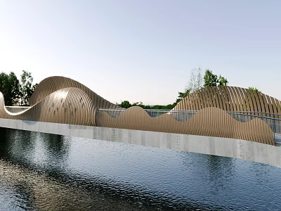 Modern Wavy Landscape Bridge With Wooden Panels Over River Surrounded By Green Trees 3d model