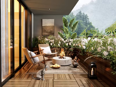 Home Balcony With Wooden Flooring Outdoor Seating Fire Pit Lush Plants And Mountain View 3d model