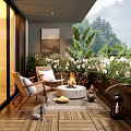 Home Balcony With Wooden Flooring Outdoor Seating Fire Pit Lush Plants And Mountain View