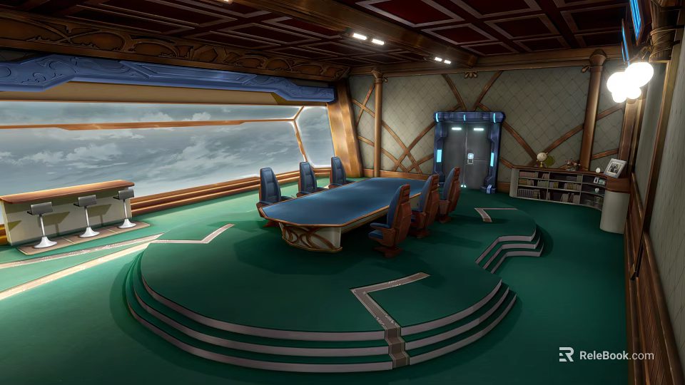 Cartoon Conference Room Scene with Green Carpet Blue Table Chairs Large Window Sky and Clouds 3d model 