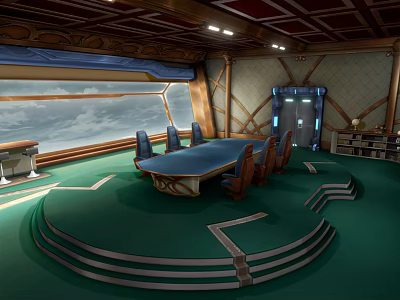 Cartoon Conference Room Scene with Green Carpet Blue Table Chairs Large Window Sky and Clouds 3d model