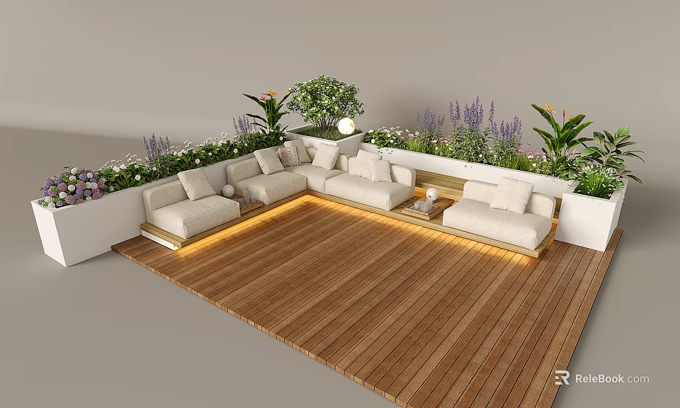 Cozy Rooftop Garden Design With Wooden Deck Comfortable Sofa Lush Plants And Ambient Lighting 3d model 
