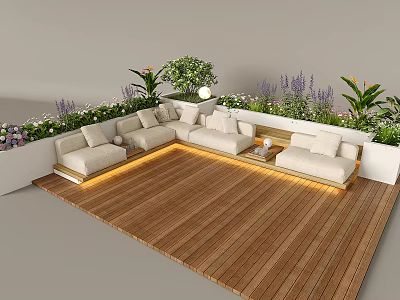 Cozy Rooftop Garden Design With Wooden Deck Comfortable Sofa Lush Plants And Ambient Lighting 3d model