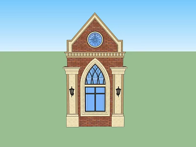 Red Brick Gabled Structure With Round Clock Gothic Arched Window Blue Glass And Wall Lamps 3d model