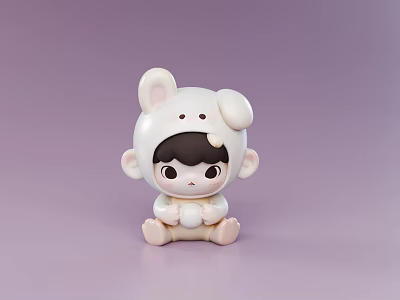 Game And Movie Character In Rabbit Costume With Childlike Figure Sitting On Purple Background 3d model