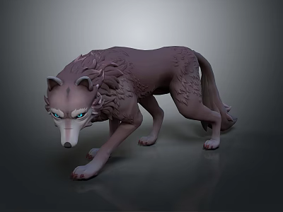 Detailed Wolf Sculpture in Crouching Dynamic Pose with Blue Eyes and Realistic Fur Texture 3d model