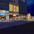 Vibrant Illuminated Commercial Street With Shops Pedestrians Colorful Pavement And Decorative Plaza