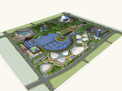 Aerial View Planning of Integrated Zone with Large Water Body Circular Buildings Green Spaces and Roads 3d model
