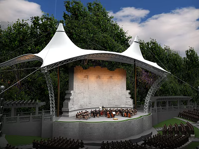 Open Air Theater Stage With White Membrane Roof Performers Trees And Audience Seats 3d model