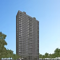 Modern High Rise Residential Building Surrounded By Green Trees And Blue Sky City Skyline