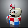Cartoon Cup Character With Big Eyes Red Nose Striped Straw On Red Blue White Base