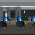 Modern Public Office Space Design With Long Table Blue Chairs Pendant Light And Green Plant