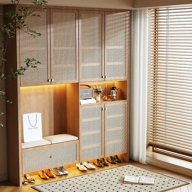 Modern Wooden Shoe Cabinet With Rattan Doors Storage Bench And Warm Lighting 3d model 