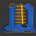 Sci Fi Mechanical Structure In Blue And Orange With Ring Design And Support Frames 3d model