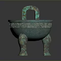 Ancient Chinese Bronze Sculpture Carving with Tripod Legs Double Handles and Intricate Patterns
