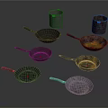 Household Kitchen Items With Various Designed Pans And Decorative Mugs 3d model