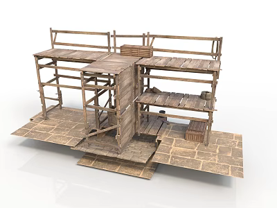Modern Wooden Multi level Structure With Stone Floor Storage Shelves And Cross Frames 3d model