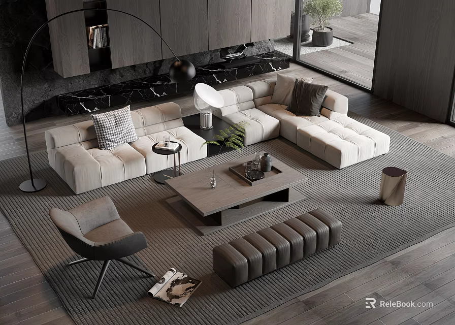 Modern Beige L Shaped Sofa With Gray Coffee Table Floor Lamp Accent Chair And Magazines 3d model 