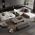Modern Beige L Shaped Sofa With Gray Coffee Table Floor Lamp Accent Chair And Magazines